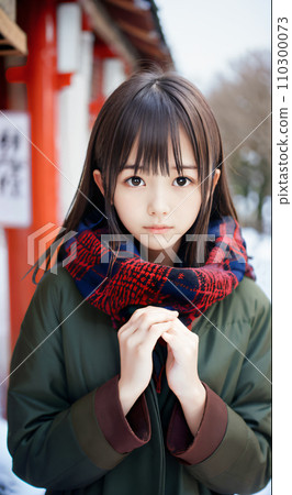 AI image: Young woman praying at a snowy shrine 110300073