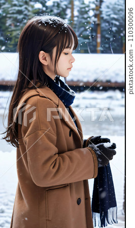 AI 圖像:在白雪皚皚的神社祈禱的年輕女子 AI 圖像:在白雪皚皚的神社祈禱的年輕女子 110300096