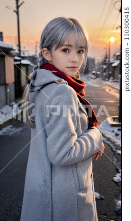 AI image: A young woman looking back sadly on a snowy street corner AI image: A young woman looking back sadly on a snowy street corner 110300418
