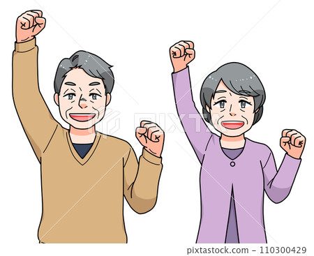 Senior men and women fist pumping 110300429