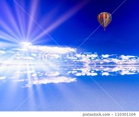 Balloon flying over Mirror Lake Uyuni salt flat 110301104