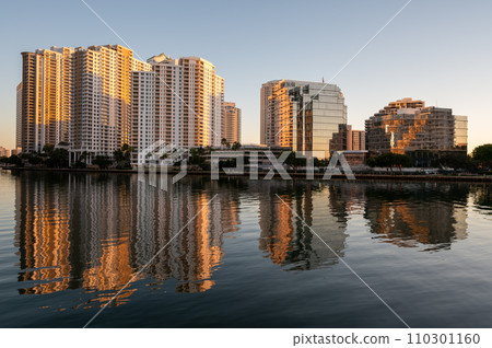 City of Miami, Florida skyline reflected in Biscayne Bay at sunrise. 110301160