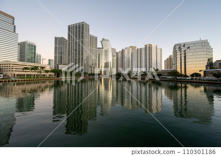 City of Miami, Florida skyline reflected in Biscayne Bay at sunrise. 110301186
