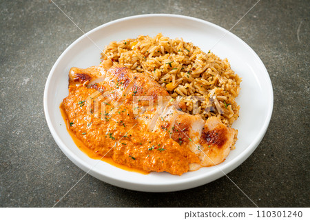 grilled chicken steak with red curry sauce and rice grilled chicken steak with red curry sauce and rice 110301240