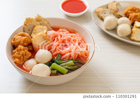 small flat rice noodles with fish balls and shrimp balls in pink soup, Yen Ta Four or Yen Ta Fo small flat rice noodles with fish balls and shrimp balls in pink soup, Yen Ta Four or Yen Ta Fo 110301291