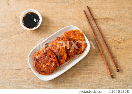 Korean Kimchi pancake or Kimchijeon - Fried Mixed Egg, Kimchi, and Flour 110301298