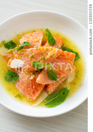 fresh salmon raw spicy seafood salad 110301559