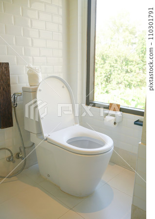 white toilet in restroom with window 110301791