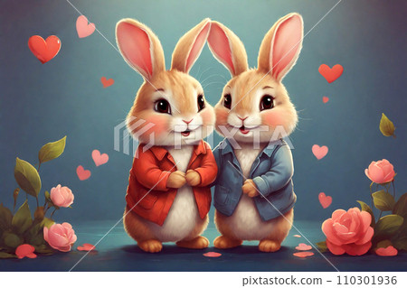 AI-generated content. Illustration of couple of rabbits in love  110301936