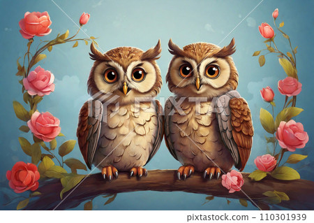 AI-generated content. Illustration of couple of owls in love  110301939