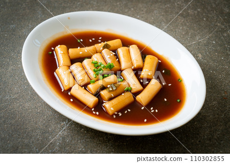 Spicy Jjajang Tteokbokki or Korean rice cake in spicy black bean sauce Spicy Jjajang Tteokbokki or Korean rice cake in spicy black bean sauce 110302855