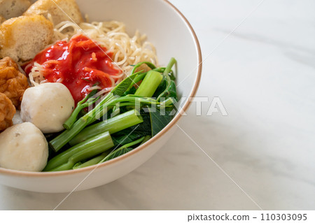 egg noodles with fish balls and shrimp balls in pink sauce, Yen Ta Four or Yen Ta Fo egg noodles with fish balls and shrimp balls in pink sauce, Yen Ta Four or Yen Ta Fo 110303095