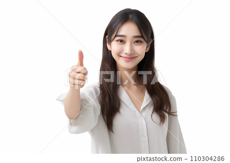 A woman smiling and giving a thumbs up (plain clothes) 110304286