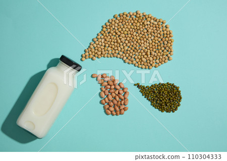 Few piles of soybeans, peanuts and green beans are displayed with a bottle of milk. Nuts and beans have been shown to promote weight loss. Blank label for mockup design Few piles of soybeans, peanuts and green beans are displayed with a bottle of milk. Nuts and beans have been shown to promote weight loss. Blank label for mockup design 110304333