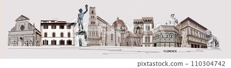Collage of landmarks of Florence, Italy. Basilica of Santa Maria del Fiore or Basilica of Saint Mary of the Flower in Florence, Italy. Art design Collage of landmarks of Florence, Italy. Basilica of Santa Maria del Fiore or Basilica of Saint Mary of the Flower in Florence, Italy. Art design 110304742