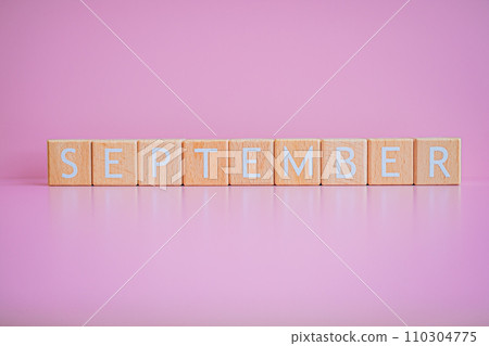 Wooden blocks form the text "SEPTEMBER" against a pink background. Wooden blocks form the text "SEPTEMBER" against a pink background. 110304775