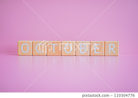 Wooden blocks form the text "OCTOBER" against a pink background. 110304776