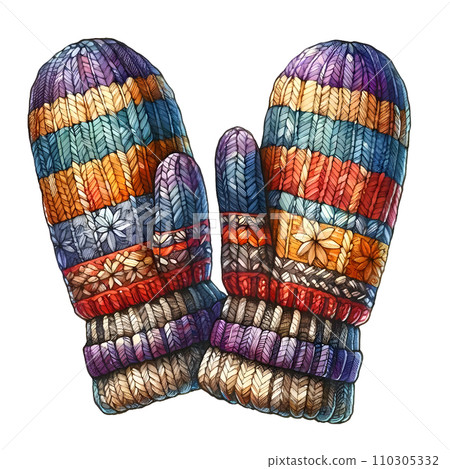 Colorful knitted mittens, winter accessories, watercolor illustration 110305332