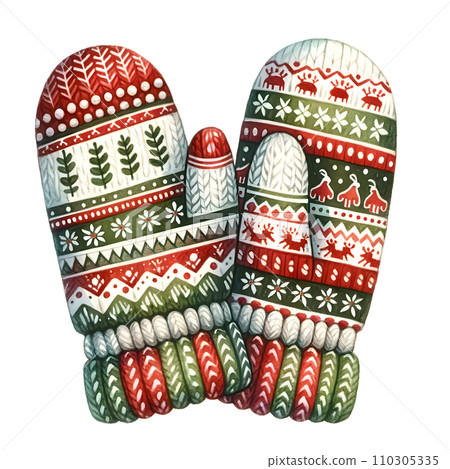 Colorful knitted mittens, winter accessories, watercolor illustration Colorful knitted mittens, winter accessories, watercolor illustration 110305335