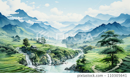 Satoyama landscape with terraced rice fields 110305641
