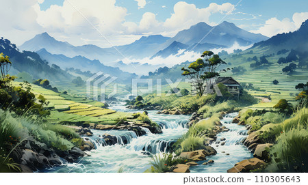 Satoyama landscape with terraced rice fields 110305643