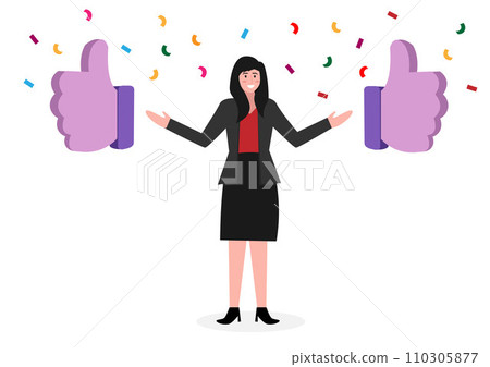 Businesswoman is praised for running a successful business with a thumbs up award sign. Vector illustration 110305877