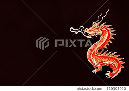 AI-generated content. A golden Chinese dragon on a black background, an art image of the symbol of the new lunar year according to the Eastern calendar, a copy of the space on the left 110305910
