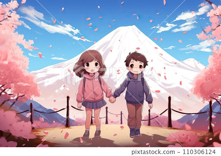 Anime Couple Boy & Girl ith Sakura Fuji Mountain Serene, Romantic Illustration 110306124