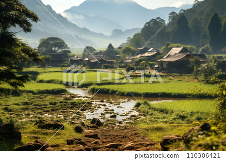 rural landscape with marshland with rice fields in the foreground rural landscape with marshland with rice fields in the foreground 110306421