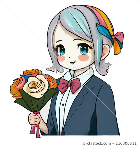 High school girl holding a bouquet of flowers for her graduation ceremony 110306511