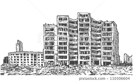 Illustration of damaged apartment block in black and white Illustration of damaged apartment block in black and white 110306604