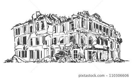 Black and white sketch of damaged public building 110306606
