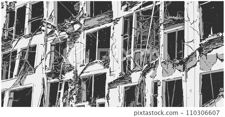 Illustration of damaged building in black and white Illustration of damaged building in black and white 110306607
