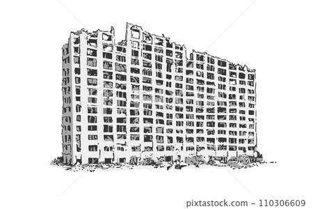 Illustration of damaged apartment block in black and white Illustration of damaged apartment block in black and white 110306609