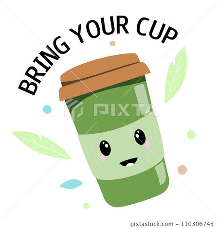 Cute thermo mug character. Bring your cup concept. Educational material for kids. Vector cartoon illustration 110306743