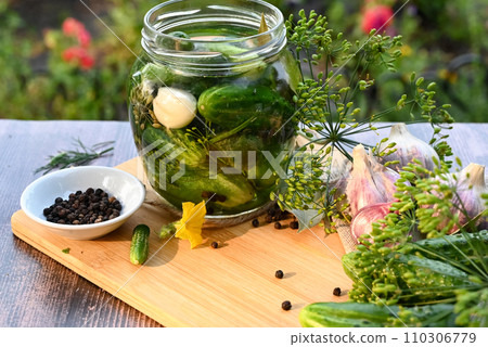 a set of ingredients for pickling cucumbers, pickled cucumbers, brine. 110306779