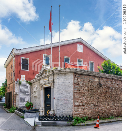 Red facade of the Autocephalous Turkish Orthodox Patriarchate in Istanbul, Turkey 110306816