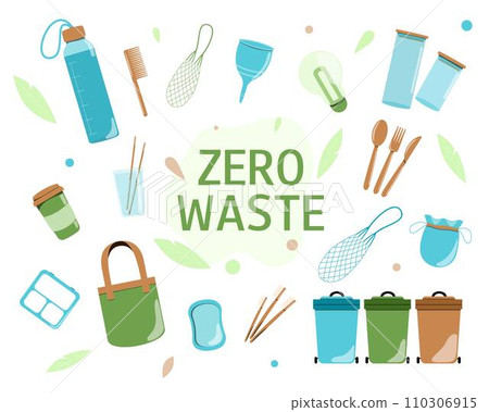 Zero waste concept. Collection of durable and reusable items or products. Eco lifestyle. Flat vector illustration. 110306915