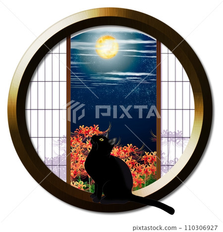 紅蜘蛛百合和一隻貓從圓窗看月亮 110306927