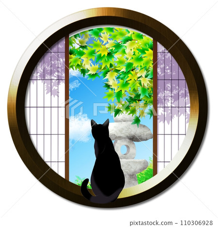 從圓窗可見秋葉和貓 110306928