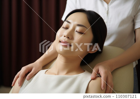 Smiling woman receiving a massage: AI-generated image 110307121