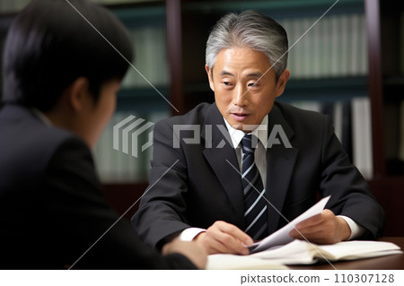 Male employee having a meeting with management: AI-generated image 110307128