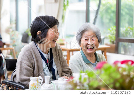 Elderly women chatting happily at a nursing home: AI-generated image 110307185
