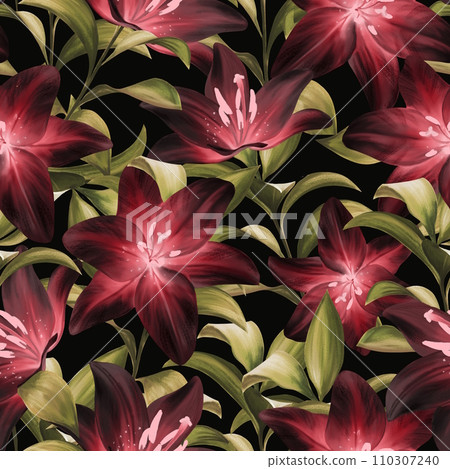 Beautiful seamless pattern with dark red lily flowers on black background Beautiful seamless pattern with dark red lily flowers on black background 110307240