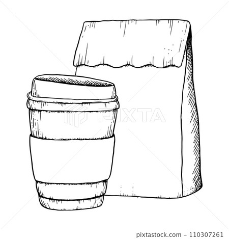 Vector disposable coffee cup and paper craft bag line black and white illustration for breakfast and coffee break designs, cafe, restaurant food menus Vector disposable coffee cup and paper craft bag line black and white illustration for breakfast and coffee break designs, cafe, restaurant food menus 110307261