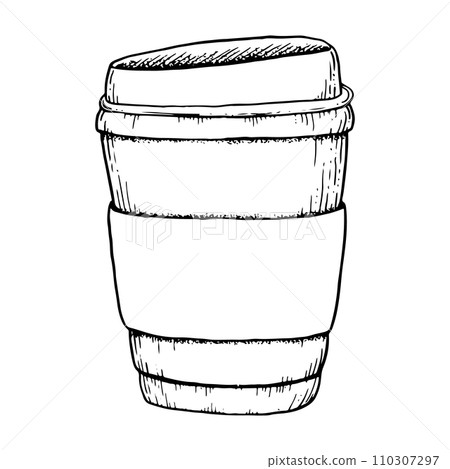 Vector paper coffee cup for takeaway black and white illustration for hot drinks with lid and cupholder. Coffee template for bakery Coffee to go template for bakery design Vector paper coffee cup for takeaway black and white illustration for hot drinks with lid and cupholder. Coffee template for bakery Coffee to go template for bakery design 110307297