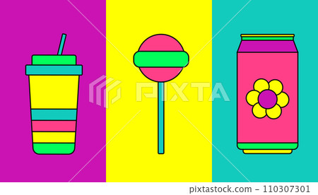 Retro food set. Soda, drink with a straw, lollipop in trendy 90s. Colorful sticker or icon. Flat vector illustration. Retro food set. Soda, drink with a straw, lollipop in trendy 90s. Colorful sticker or icon. Flat vector illustration. 110307301