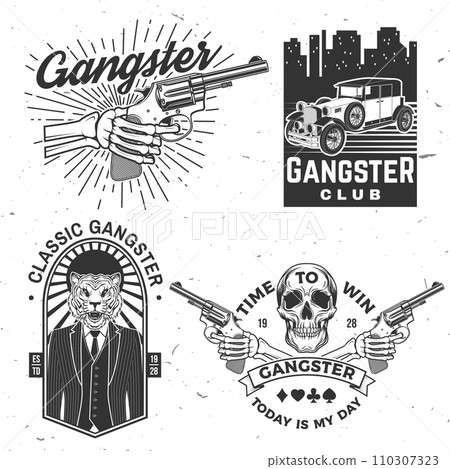 Set of gangster club badge design. Vector illustration. Vintage monochrome label, sticker, patch with american retro car, gangster with submachine gun and tiger gangster silhouettes. Set of gangster club badge design. Vector illustration. Vintage monochrome label, sticker, patch with american retro car, gangster with submachine gun and tiger gangster silhouettes. 110307323