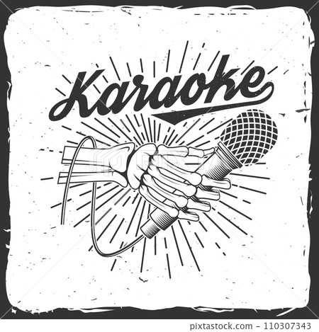 Karaoke party poster, banner. Skeleton hand with retro microphone with sunburst vintage typography design for t shirt, emblem, logo, badge design. Vector illustration. Bones hand vintage. 110307343