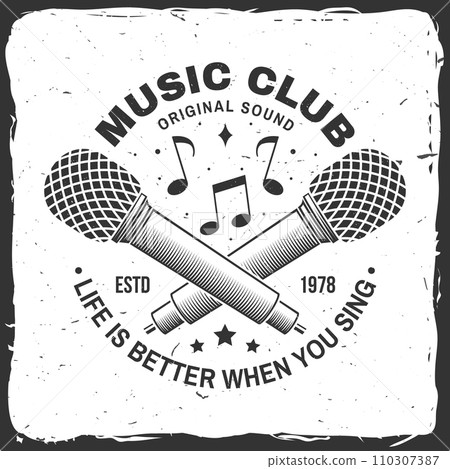 Music club logo, badge, label. Retro poster, banner with microphone, vintage typography design for t shirt, emblem, logo, badge design. Vector illustration. Equipment for listening and recording sound Music club logo, badge, label. Retro poster, banner with microphone, vintage typography design for t shirt, emblem, logo, badge design. Vector illustration. Equipment for listening and recording sound 110307387